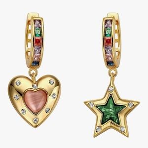 NEW 14k Gold Plated Heart Star Dangle Hoop Earring